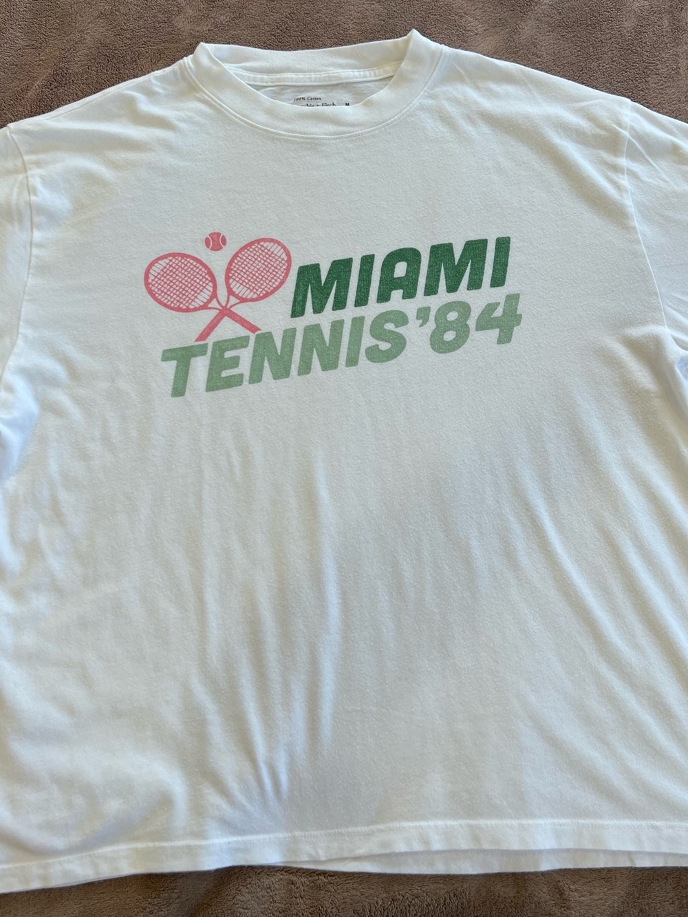 Abercrombie & Fitch White Tee with Pink & Green Tennis Graphic